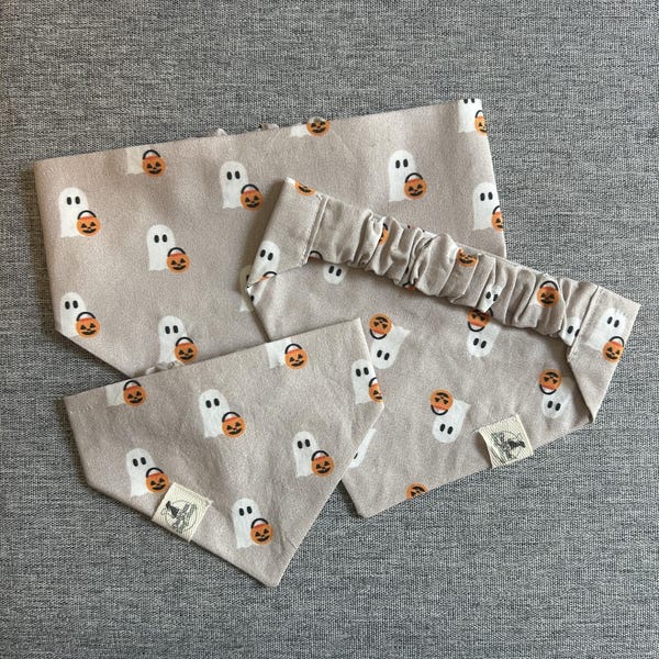 Ghost Trick Or Treat Scrunchie Dog Bandana, Halloween Pet Accessories, Fall Bandanas
