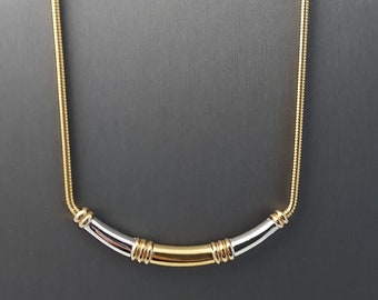 Vintage Crown Trifari Collar Choker Necklace Silver Gold Two Tone Snake Chain 16