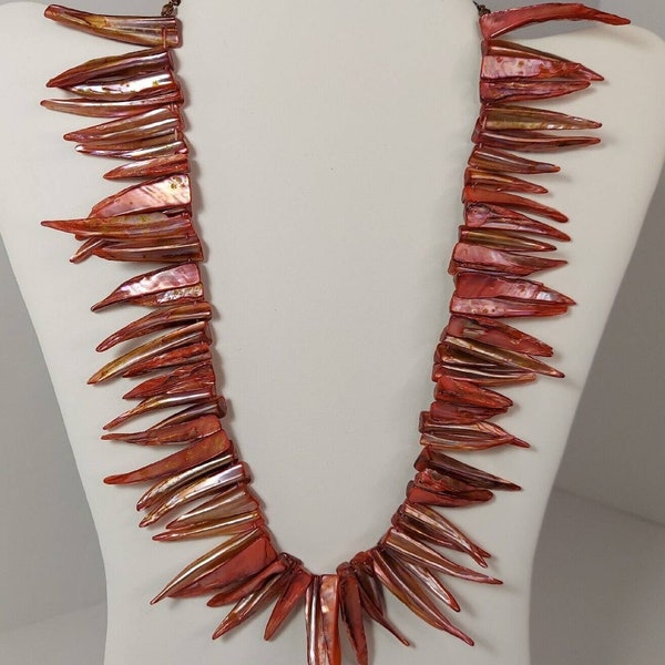 Pink Mother of Pearl Spike Necklace 19" Sea Shell Shard Fringe Collar Bib Tribal