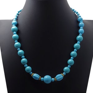 Vintage Japan Two Tone Blue Bead Necklace Single Strand Graduated Ribbed Aqua