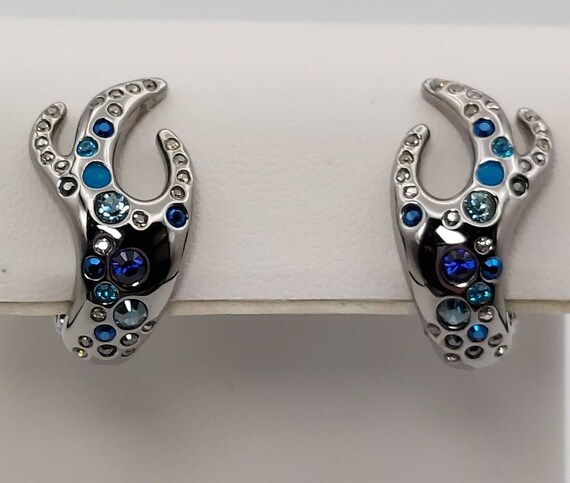 Vintage Swarovski Crystal Hand Ok Earrings Blue & Silver Tone Clip On Swan Sign