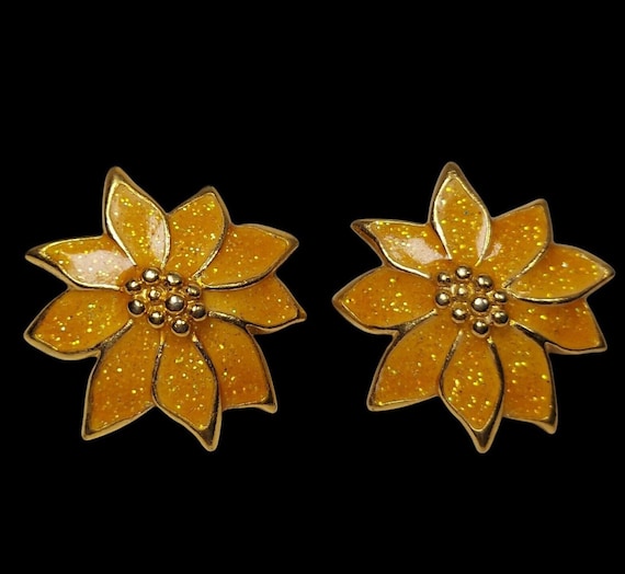 Vintage Avon Poinsettia Earrings Glitter Gold Ton… - image 1