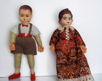 Thread Wrapped Dollhouse Dolls Brother Sister Boy Girl w/ Clothes Vintage Pair