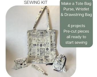 Beginner Sewing Kit: 4 Projects, Pre-Cut Fabric Pieces, Tote bag + Mini Kit (Drawstring bag, Purse and wristlet)