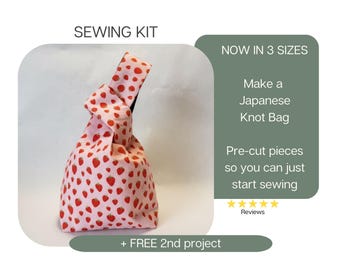 Strawberry Print Japanese Knot Bag Sewing Kit Beginner: DIY Craft Project