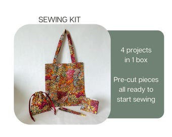 Beginner Sewing Kit: 4 Projects - Tote Bag, Drawstring Bag, Purse, Wristlet (Pre-cut)