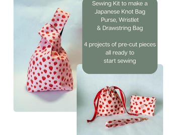 Beginner Sewing Kit to make 4 Projects. Japanese Knot Bag, Drawstring Bag, Purse + Wristlet. Pre-Cut