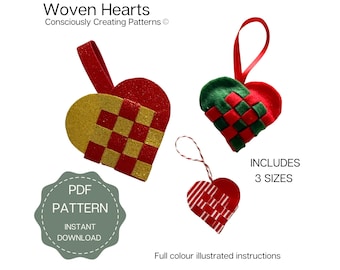 Woven Hearts Digital Pattern, Scandinavian Christmas Decor Tutorial, Holiday Craft Pattern, DIY Tree Trim, Festive Heart Basket,