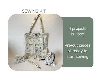 Beginner Sewing Kit: 4 Projects, Pre-Cut Fabric Pieces, Tote bag, Drawstring bag, Purse and wristlet.