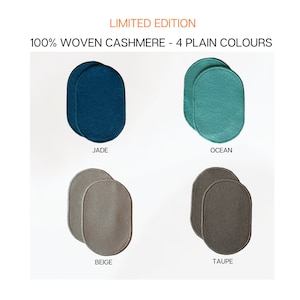 May include: Four pairs of 100% woven cashmere fabric swatches in the colours jade, ocean, beige, and taupe. Limited Edition.