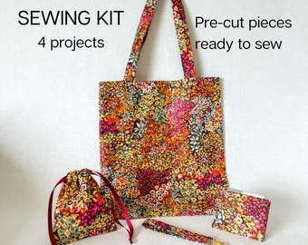 Beginner Sewing Kit: 4 Easy Projects - Tote Bag, Drawstring Bag & Purse and Wristlet, Learn to sew