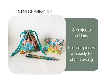 Beginner mini pre cut sewing kit: Drawstring Bag, Purse and Wristlet,