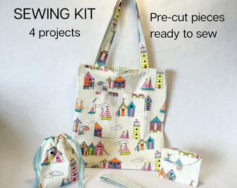 4 in 1 pre-cut sewing kit to make a Reversible Tote Bag, a Drawstring Bag,  aPurse and  a wristlet