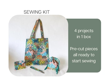 Beginner Sewing Kit: 4 Easy Projects - Tote Bag, Drawstring Bag & Purse and Wristlet
