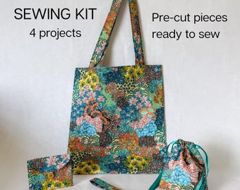 Beginner Sewing Kit: 4 Easy Projects - Tote Bag, Drawstring Bag & Purse and Wristlet