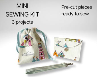 Beginner mini sewing kit: Drawstring Bag, Purse and Wristlet, pre-cut