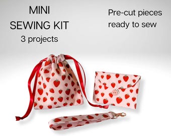 Beginner mini sewing kit: Drawstring Bag, Purse and Wristlet, pre-cut.