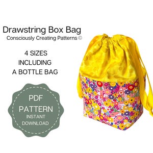 Drawstring Box Bag Sewing Pattern instant download, PDF Pattern and guide to make a bag, Beginner Craft Pattern