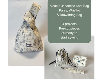 Japanese Knot Bag + Mini Kit (Drawstring bag, Purse and Wristlet), Pre cut sewing kit, Beginner Friendly