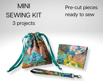 Beginner mini pre cut sewing kit: Drawstring Bag, Purse and Wristlet,