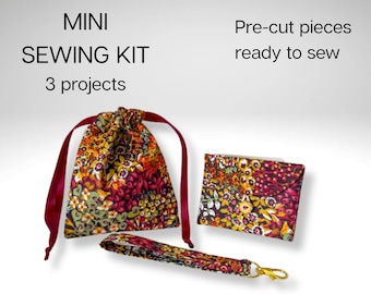 Beginner mini sewing kit: Drawstring Bag, Purse and Wristlet, pre-cut.