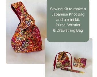 Beginner sewing kit, 4 Projects: Medium Knot bag, Drawstring bag, Purse and Wristlet.