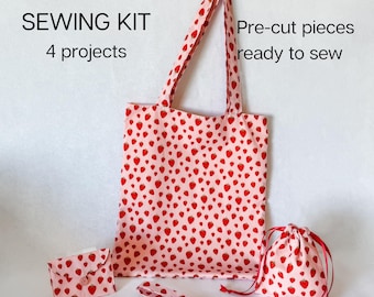 Beginner Sewing Kit: 4 Easy Projects - Tote Bag, Drawstring Bag & Purse and Wristlet, Learn to sew