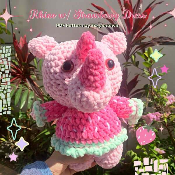 Patron au crochet - Rhinocéros avec robe fraise | Squishmallow Kawaii Fuwa Fuwa | Eskyanolvia