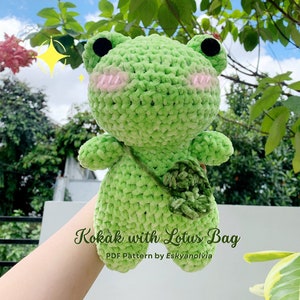 Crochet Pattern - Kokak the Frog with Lotus Leaf Bag | Squishmallow Kawaii, Cuddly | Eskyanolvia