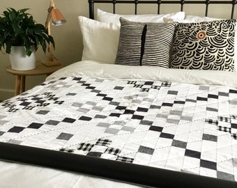 Handmade Modern Black and White Quilt, Large Modern Patchwork Throw Quilt, Double or Queen Size Quilt