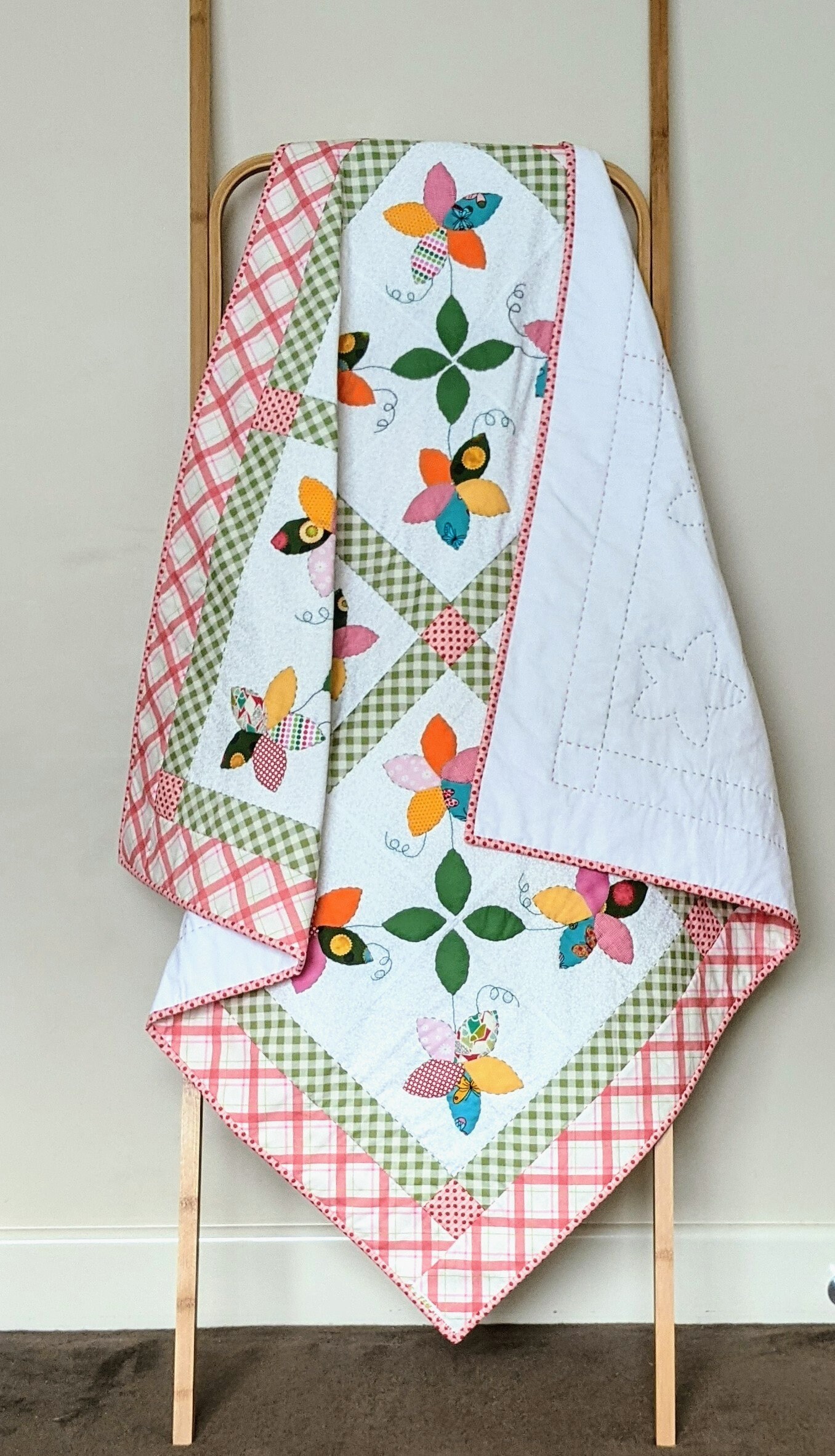 Handmade Floral Applique Cot Quilt, Patchwork Baby Quilt, Baby Girl