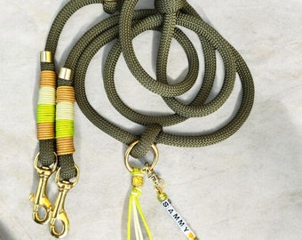 Rope leash, dog leash, PPM rope, personalized, brass, olive green, lime green