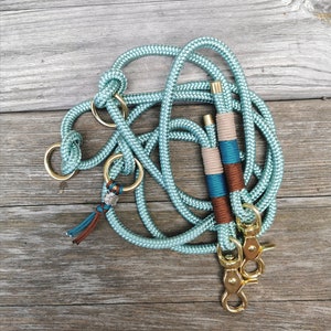 Rope, dog leash, guide leash, 3-way adjustable, dog accessories, PPM rope, dog rope, sea green, brass fittings