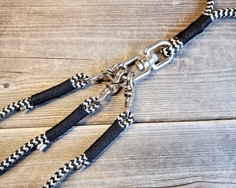Triple leash, coupling leash for three dogs, black and white, PPM rope,