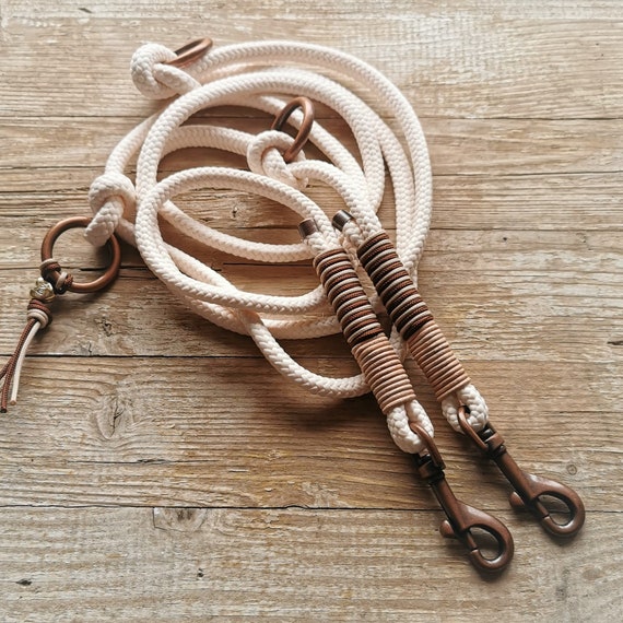 Tauleine, Hundeleine, Führleine, 3- fach verstellbar, Hundeaccessoires, PPM Seil, Naturweiss, Hundeseil, Beschläge Antik Kuper