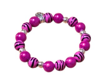 Zebra Magic, shimmering 3D bracelets with 10 mm beads, elastic, pink