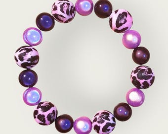 Leo Magic 3D Bracelet 12 mm + 16 mm Beads, Elastic, Lilac/Black