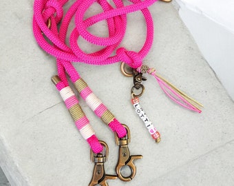 Rope leash, dog leash, PPM rope, personalized, antique bronze, passion pink, name necklace