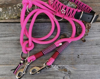 Leinen Set, Hundeleine, Führleine, 3- fach verstellbar, Biothane Halsband, PPM Seil, Namenskette, personalisierbar, Pink