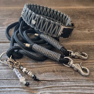 Leinen Set, Hundeleine, Biothane Halsband, Tau Leinen Set, Führleine, schwarz, personalisierbar, Namenskette,