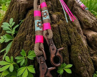 Rope leash, dog leash, PPM rope, personalized, antique copper, taupe, pink, sea green, name necklace