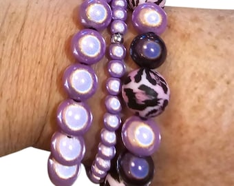 Leo Magic 3D Bracelet Combinations 6+12+16 mm Beads, Elastic, Lilac/Black