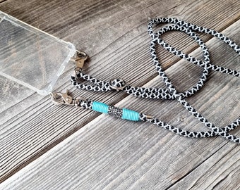 Mobile phone chain made of rope, mobile phone strap, black white, turquoise