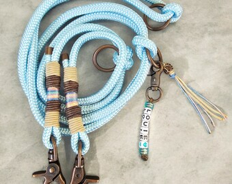 Rope leash, dog leash, PPM rope, personalized, baby blue, brown, name chain, antique bronze