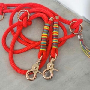 Rope leash, dog leash, lead, 3-way adjustable, dog accessories, PPM rope, dog rope, red