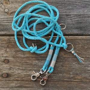 reflective rope leash, dog leash, lead, 3-way adjustable, 8 mm PPM rope, turquoise