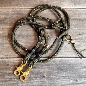reflective rope leash, dog leash, PPM rope olive, brass carabiner, leash