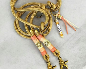 Rope leash, dog leash, PPM rope, personalized, antique brass, golden brown, light yellow, name chain