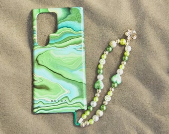 Short mobile phone chain with pearls, chain for smartphone, green tones