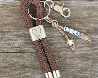 Personalized key fob, lanyard with name chain, heart, brown